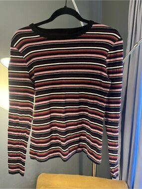 a new day Black and Pink Striped Long-Sleeve Crewneck